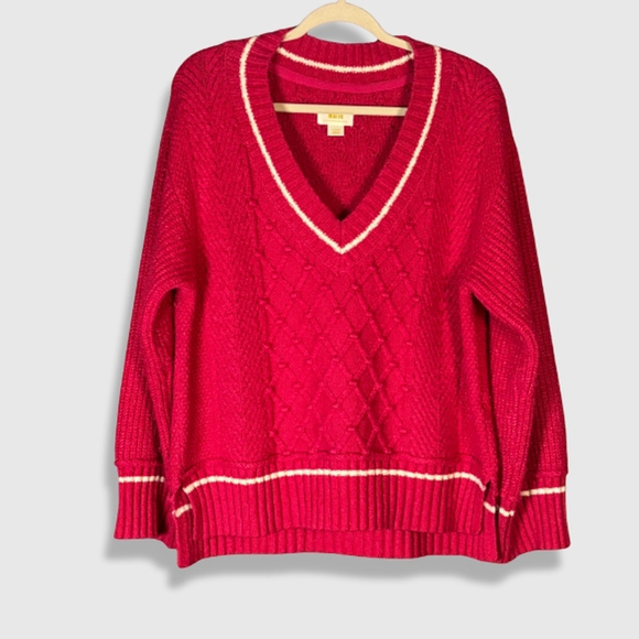 Maeve Sweaters - Maeve by Anthropologie Tilly Pullover Sweater V-Neck Cable Knit Varsity Pink W L